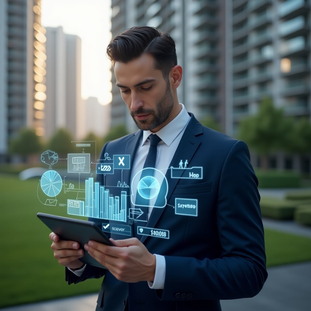 (Ultra-realistic condominium manager in a navy suit, set in a modern luxury condominium environment with high-rise buildings and green landscaping, holding a tablet displaying holographic financial charts and categorized expense icons, analyzing monthly cost projections with a focused, confident expression, floating 3D pie charts and bar graphs around, cinematic lighting, shallow depth of field, highly detailed textures, realistic skin, photographic realism, 8k resolution --ar 1:1 --v 6)