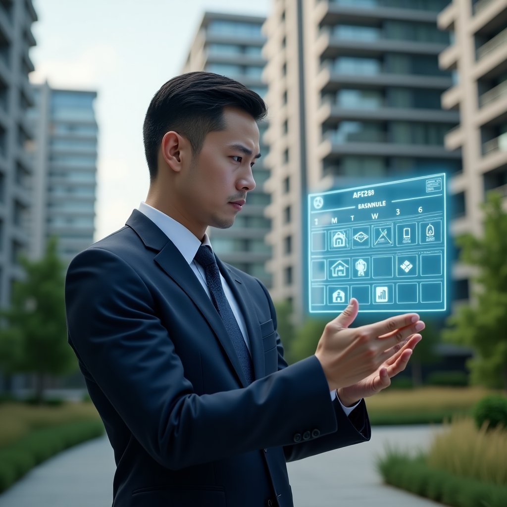 (Ultra-realistic condominium manager in a navy blue executive suit, set in a modern luxury condominium environment with high-rise buildings and lush green landscaping, confidently reviewing a floating holographic scheduling calendar displaying maintenance, assembly and billing icons, analytical expression, cinematic lighting, shallow depth of field, highly detailed textures, realistic skin, photographic realism, 8k resolution --ar 1:1 --v 6)