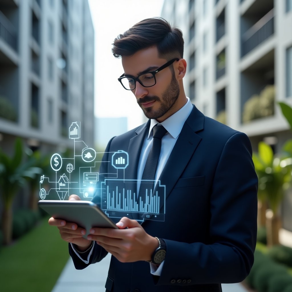(Ultra-realistic condominium manager in a tailored navy suit, set in a modern luxury condominium environment with high-rise buildings and manicured gardens, holding a digital tablet with floating holographic aplicativo de gestão icons and financial charts, analyzing data with a confident, focused expression, cinematic lighting, shallow depth of field, highly detailed textures, realistic skin, photographic realism, 8k resolution --ar 1:1 --v 6)