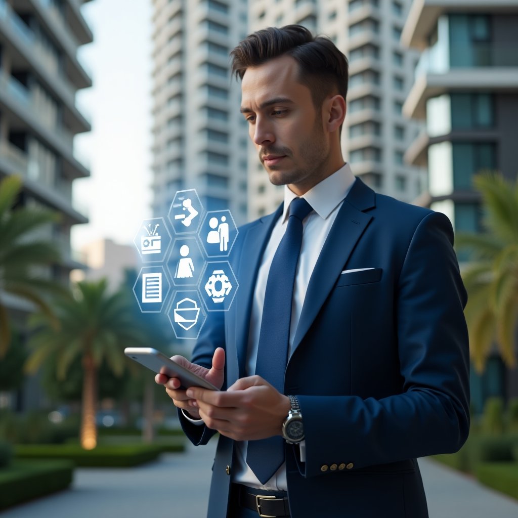 (Ultra-realistic condominium manager in a navy blue tailored suit, set in a modern luxury condominium environment with high-rise buildings and manicured green landscaping, confidently interacting with a floating holographic app interface displaying icons for financial management, maintenance schedules and resident communication, cinematic lighting, shallow depth of field, highly detailed textures, realistic skin, photographic realism, 8k resolution --ar 1:1 --v 6)