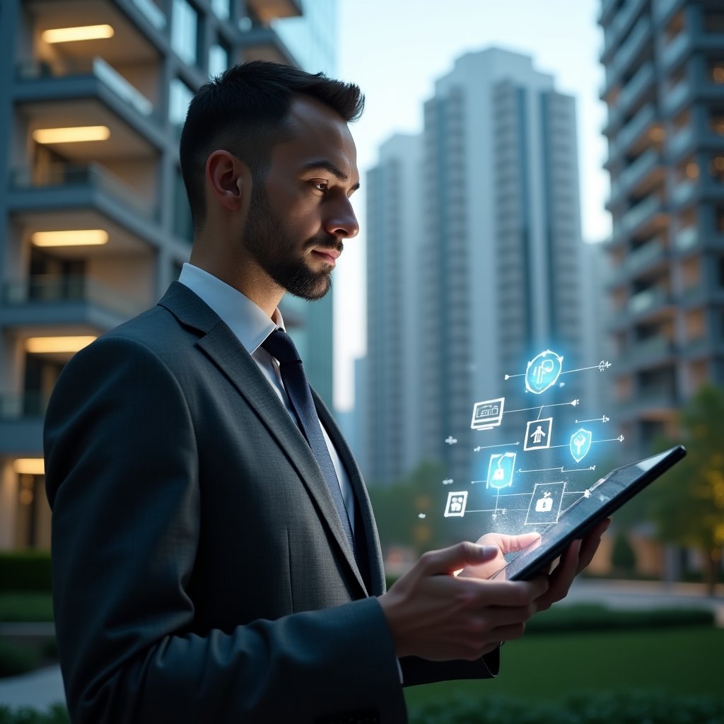(Ultra-realistic condominium manager in a charcoal gray executive suit, set in a modern luxury condominium environment with high-rise buildings and green landscaping, holding a tablet and examining a glowing holographic condominium management app interface, confident and focused expression, holographic icons of charts and security shields floating beside the device, cinematic lighting, shallow depth of field, highly detailed textures, realistic skin, photographic realism, 8k resolution --ar 1:1 --v 6)
