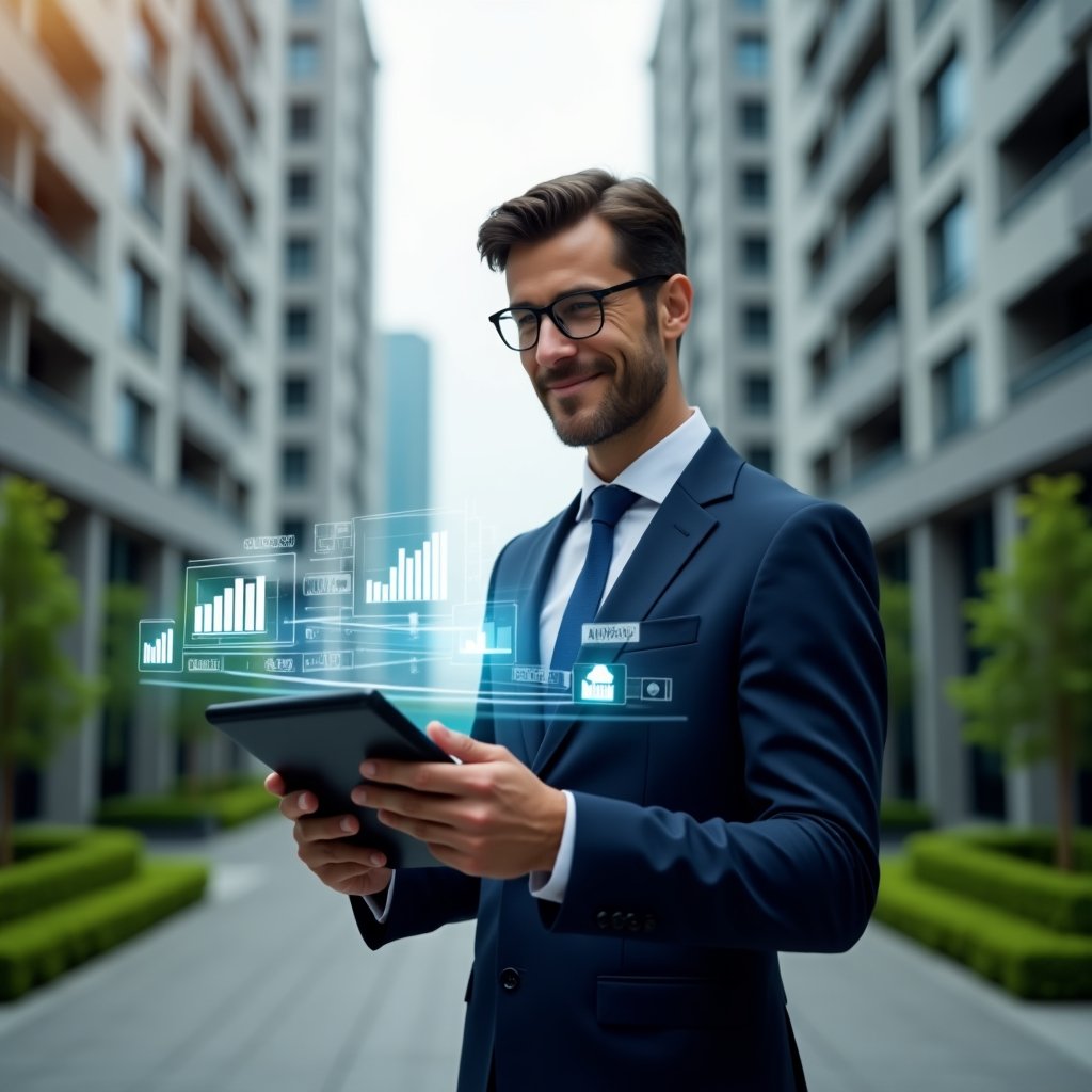 Ultra-realistic condominium manager in a navy business suit, set in a modern luxury condominium environment with high-rise buildings and manicured green landscaping, medium shot of a confident manager holding a tablet displaying holographic app interface elements and performance graphs, floating app icons symbolizing efficiency around them, cinematic lighting, shallow depth of field, highly detailed textures, realistic skin, photographic realism, 8k resolution --ar 1:1 --v 6