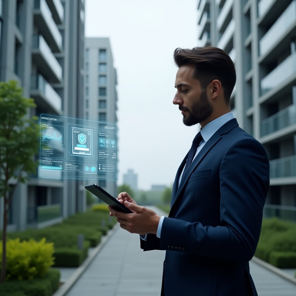 (Ultra-realistic condominium manager in a navy blue executive suit, set in a modern luxury condominium environment with high-rise buildings and manicured green landscaping, holding a tablet and thoughtfully analyzing a holographic app interface displaying graphs and icons, a floating application dashboard symbolizing security and support, cinematic lighting, shallow depth of field, highly detailed textures, realistic skin, photographic realism, 8k resolution --ar 1:1 --v 6)