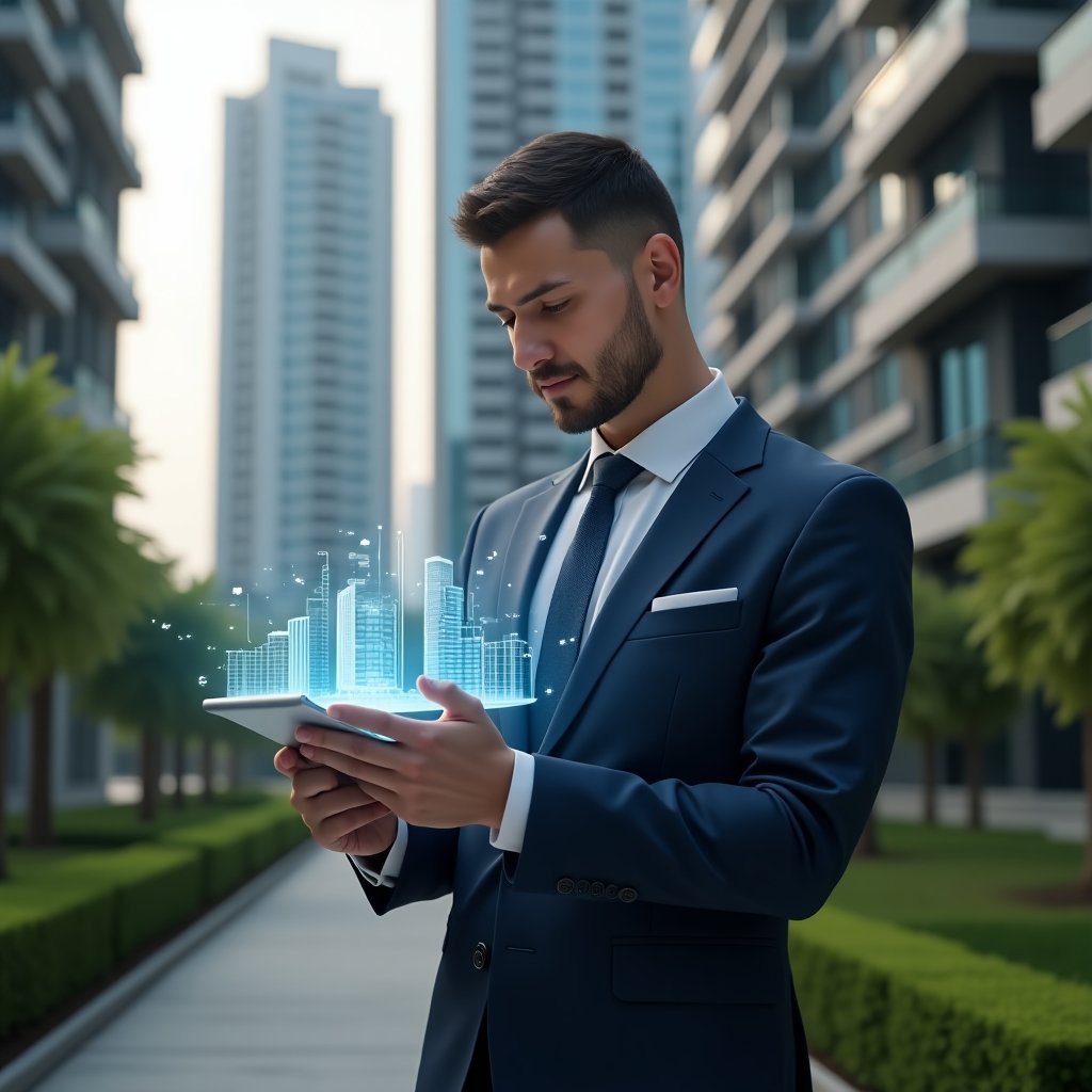 Ultra-realistic condominium manager in a navy business suit, set in a modern luxury condominium environment with high-rise buildings and manicured green landscaping, analyzing a holographic dashboard of charts and building icons on a transparent tablet, confident and thoughtful expression, holographic software interface elements floating around, cinematic lighting, shallow depth of field, highly detailed textures, realistic skin, photographic realism, 8k resolution --ar 1:1 --v 6