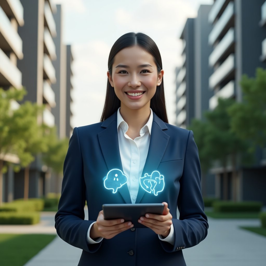 (Ultra-realistic condominium manager in a navy suit, set in a modern luxury condominium environment with high-rise buildings and well-manicured green landscaping, standing in a medium shot while holding a tablet displaying a holographic community rules icon and speech bubble symbols, smiling confidently to convey harmony and effective communication, cinematic lighting, shallow depth of field, highly detailed textures, realistic skin, photographic realism, 8k resolution --ar 1:1 --v 6)