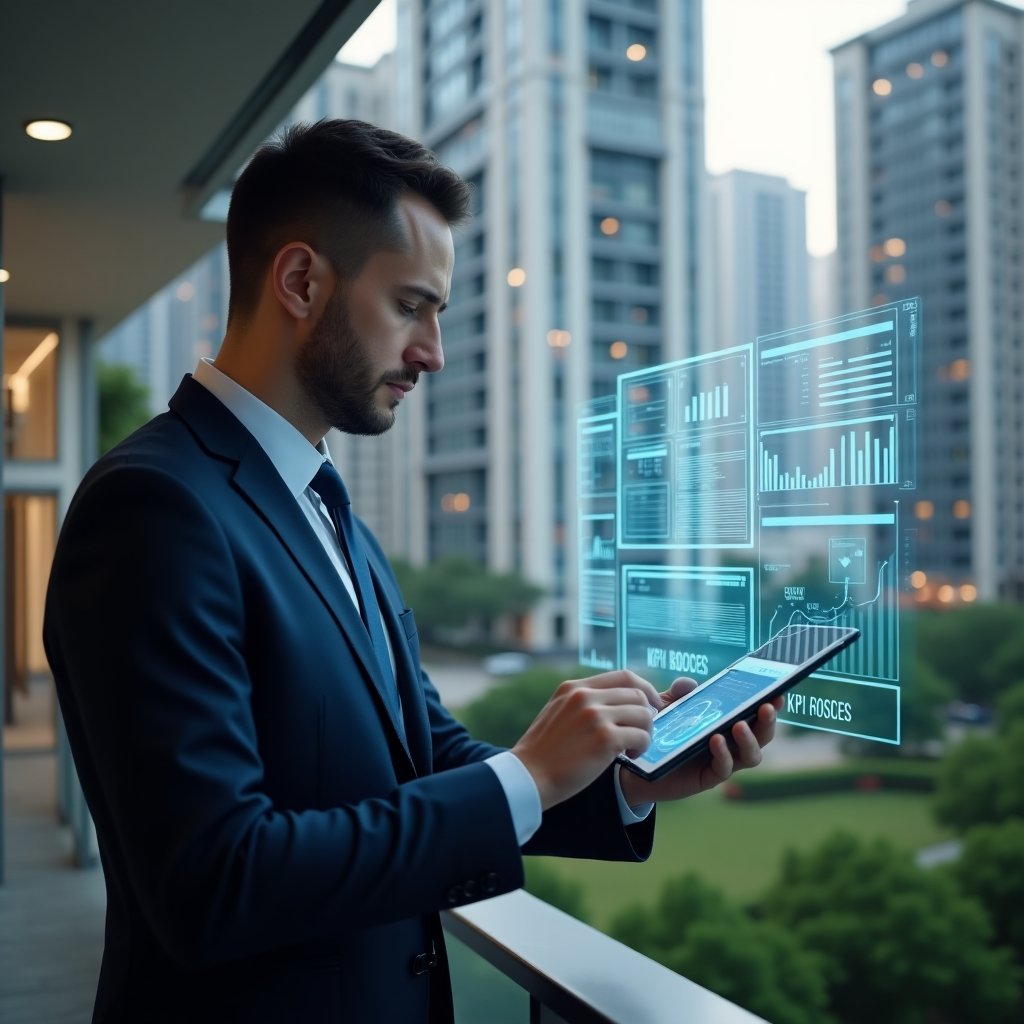 (Ultra-realistic condominium manager in a navy executive suit, set in a modern luxury condominium environment with high-rise buildings and manicured green landscaping, analyzing holographic KPI charts projected in front of them, holding a sleek tablet showing clear metrics, cinematic lighting, shallow depth of field, highly detailed textures, realistic skin, photographic realism, 8k resolution --ar 1:1 --v 6)