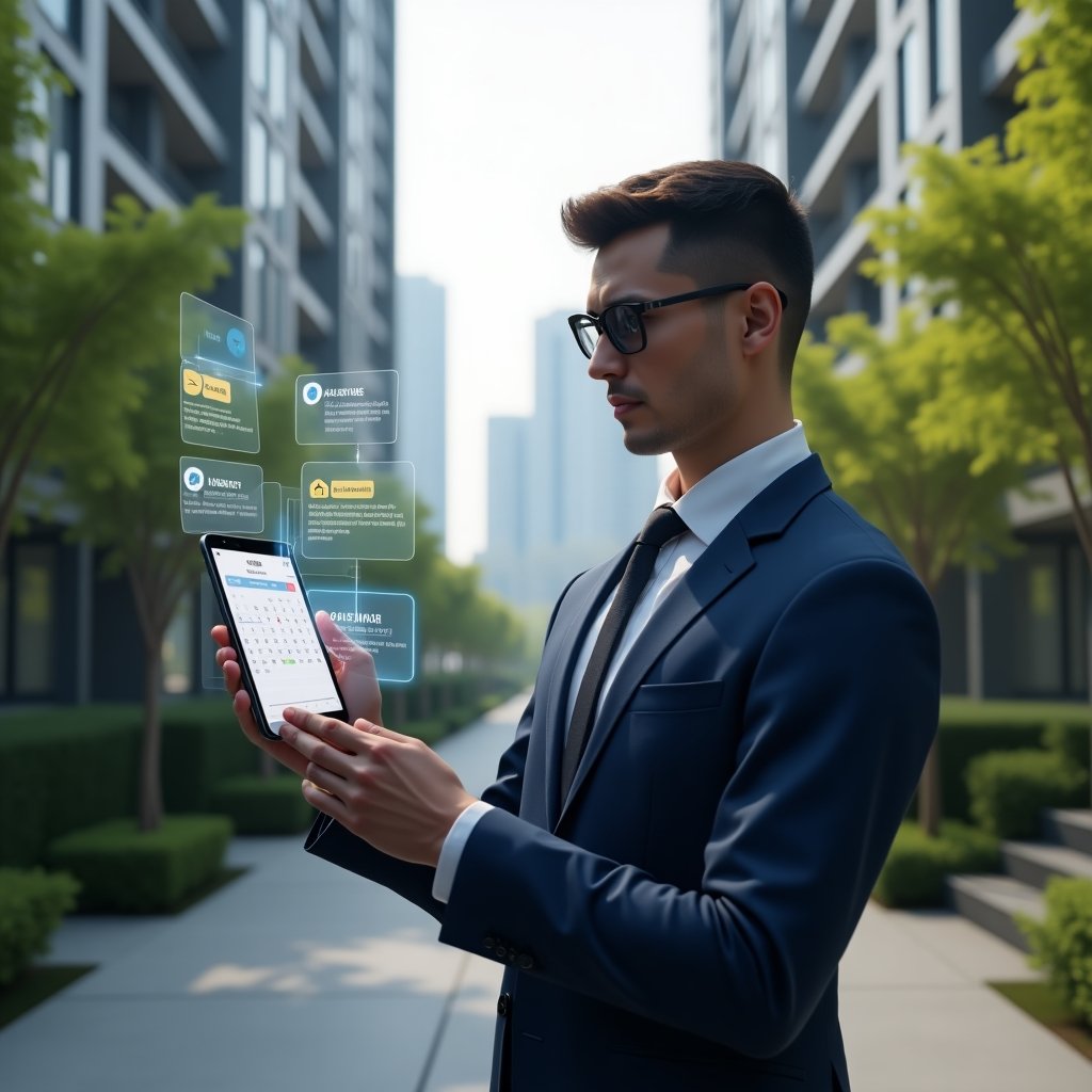 Ultra-realistic condominium manager in a navy blue suit, set in a modern luxury condominium environment with high-rise buildings and meticulously landscaped gardens, holding a digital tablet displaying a holographic calendar with color-coded tasks, confidently pointing at planned maintenance icons and assembly reminders, cinematic lighting, shallow depth of field, highly detailed textures, realistic skin, photographic realism, 8k resolution --ar 1:1 --v 6
