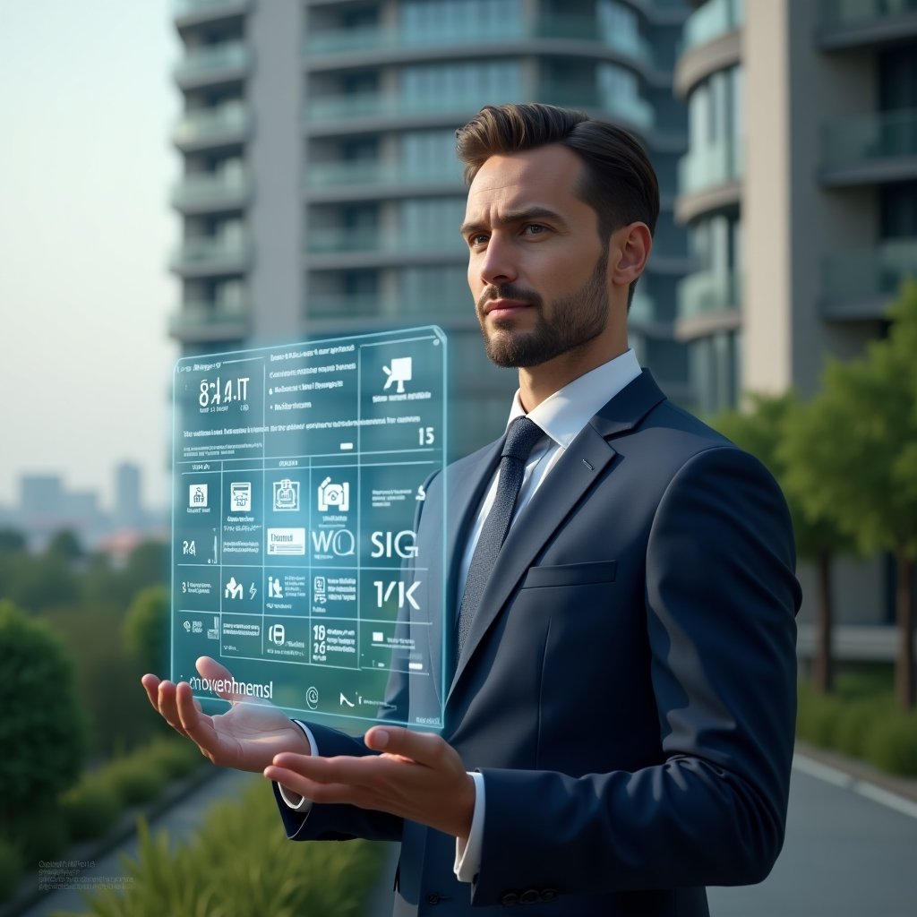 (Ultra-realistic condominium manager in a navy executive suit, set in a modern luxury condominium environment with high-rise buildings and lush green landscaping, holding and interacting with a holographic calendar schedule displaying tasks and deadlines, confident and focused expression, icons of maintenance tools and event symbols floating around the hologram, cinematic lighting, shallow depth of field, highly detailed textures, realistic skin, photographic realism, 8k resolution --ar 1:1 --v 6)