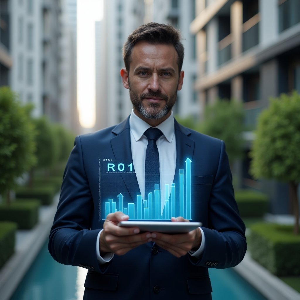 (Ultra-realistic condominium manager in a dark blue executive suit, set in a modern luxury condominium environment with high-rise buildings and lush green landscaping, holding a digital tablet displaying a holographic ROI growth chart and app dashboard, confident and focused expression, cinematic lighting, shallow depth of field, highly detailed textures, realistic skin, photographic realism, 8k resolution --ar 1:1 --v 6)