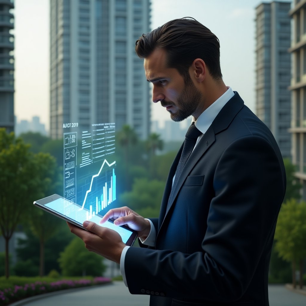 (Ultra-realistic condominium manager in a dark tailored suit, set in a modern luxury condominium environment with high-rise buildings and lush green landscaping, analyzing holographic digital financial reports projected above a tablet, floating charts and report icons symbolizing transparency and efficiency, confident and focused expression, cinematic lighting, shallow depth of field, highly detailed textures, realistic skin, photographic realism, 8k resolution --ar 1:1 --v 6)