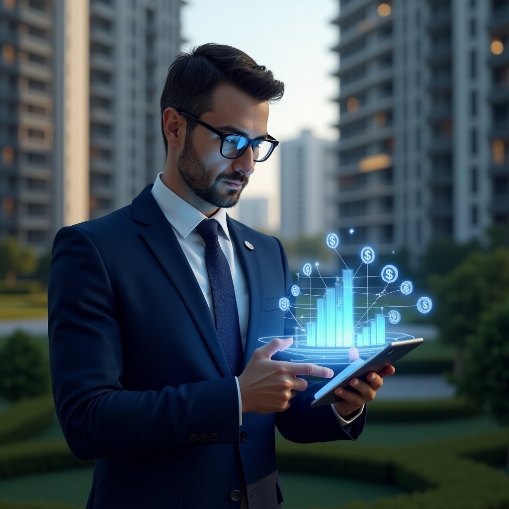 (Ultra-realistic condominium manager in a navy blue executive suit, set in a modern luxury condominium environment with high-rise buildings and meticulously landscaped gardens, reviewing a tablet with glowing holographic cost optimization graphs, confident and focused expression, floating 3D icons of bar charts and dollar symbols representing efficiency and savings, cinematic lighting, shallow depth of field, highly detailed textures, realistic skin, photographic realism, 8k resolution --ar 1:1 --v 6)