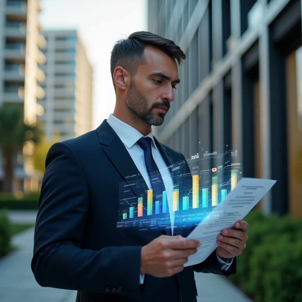 Ultra-realistic condominium manager in a dark navy suit, set in a modern luxury condominium environment with high-rise buildings and green landscaping, holding and examining a transparent holographic financial report displaying colorful graphs and charts, confident and focused expression, cinematic lighting, shallow depth of field, highly detailed textures, realistic skin, photographic realism, 8k resolution --ar 1:1 --v 6