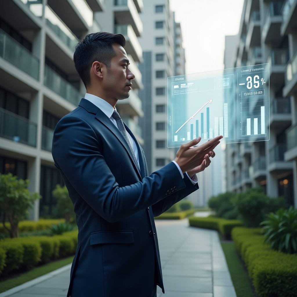 Ultra-realistic condo manager in a navy executive suit, set in a modern luxury condominium environment with high-rise buildings and manicured green landscaping, confidently analyzing holographic financial charts floating before them, digital budget graphs symbolizing cost optimization, cinematic lighting, shallow depth of field, highly detailed textures, realistic skin, photographic realism, 8k resolution --ar 1:1 --v 6