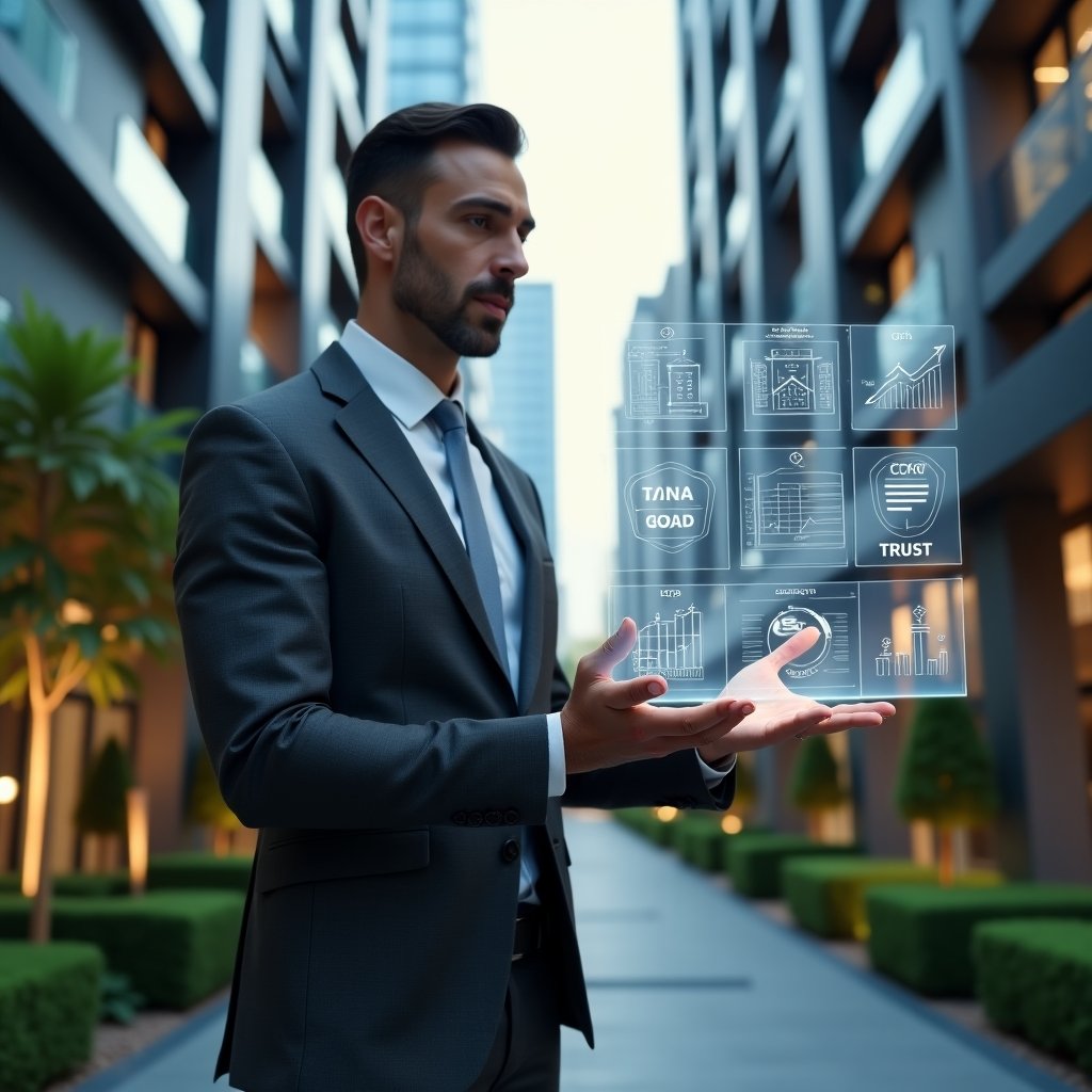 (Ultra-realistic condominium manager in a charcoal gray tailored suit, set in a modern luxury condominium environment with high-rise buildings and manicured green landscaping, confidently reviewing a floating holographic financial dashboard of digital reports, transparent charts and glowing icons symbolizing trust and engagement, cinematic lighting, shallow depth of field, highly detailed textures, realistic skin, photographic realism, 8k resolution --ar 1:1 --v 6)