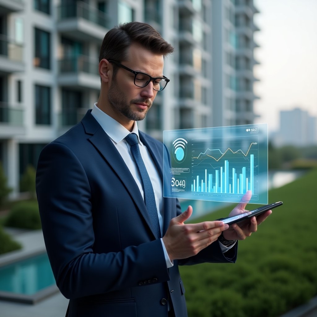 Ultra-realistic condo manager in a tailored navy blue suit, set in a modern luxury condominium environment with high-rise buildings and manicured green landscaping, confidently reviewing a floating holographic budget dashboard showing downward cost trends and finance icons, cinematic lighting, shallow depth of field, highly detailed textures, realistic skin, photographic realism, 8k resolution --ar 1:1 --v 6