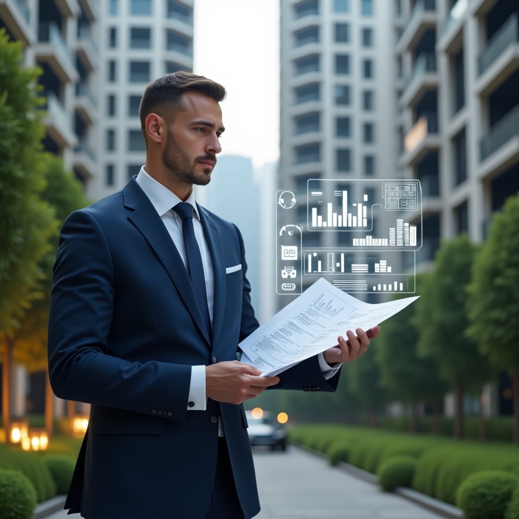 (Ultra-realistic condominium manager in a navy executive suit, set in a modern luxury condominium environment with high-rise buildings and manicured green landscaping, holding a holographic digital blueprint and cost chart, confidently analyzing data to reduce extraordinary expenses while ensuring quality, floating icons of budget graphs and construction tools around them, cinematic lighting, shallow depth of field, highly detailed textures, realistic skin, photographic realism, 8k resolution --ar 1:1 --v 6)