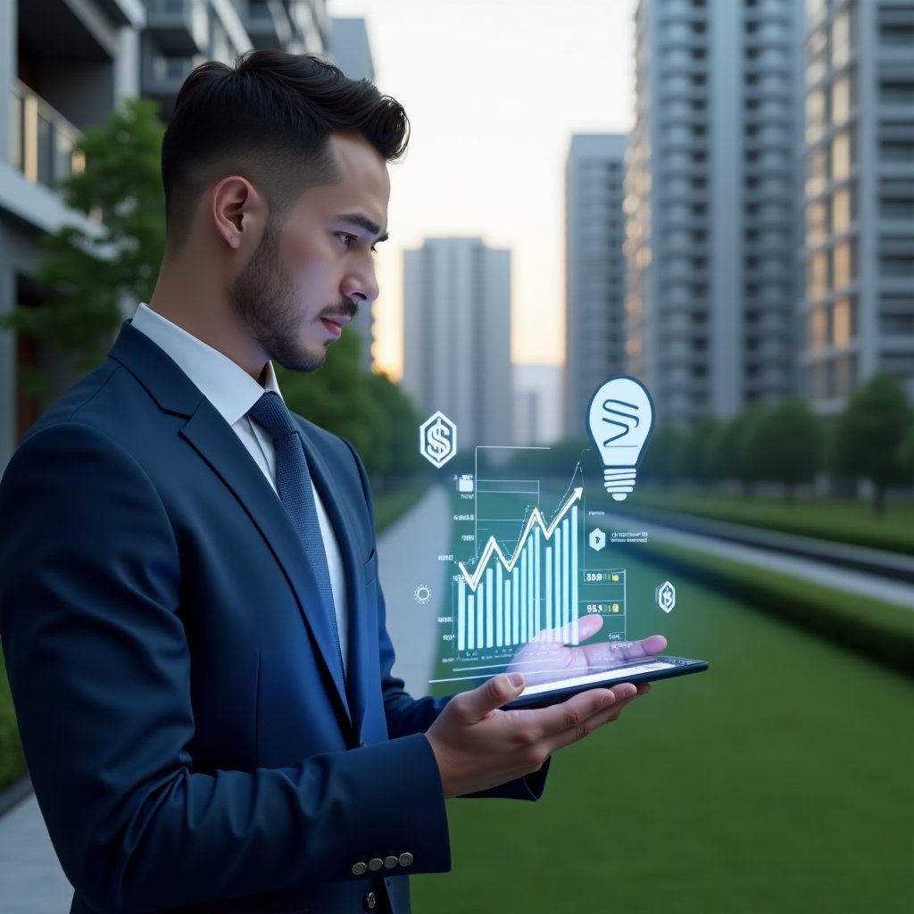 Ultra-realistic condominium manager in a navy blue suit, set in a modern luxury condominium environment with high-rise buildings and manicured green landscaping, reviewing financial data on a transparent tablet with holographic cost-reduction graphs, surrounded by floating icons of contracts, energy-saving bulbs and dollar signs, cinematic lighting, shallow depth of field, highly detailed textures, realistic skin, photographic realism, 8k resolution --ar 1:1 --v 6