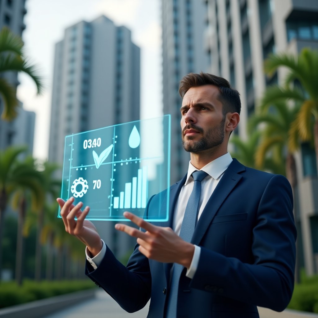 Ultra-realistic condominium manager in a navy blue suit, set in a modern luxury condominium environment with high-rise buildings and lush green landscaping, reviewing a holographic cost-efficiency chart with cleaning and maintenance icons, confident and thoughtful expression, symbolic floating icons of water drop, leaf and gear, cinematic lighting, shallow depth of field, highly detailed textures, realistic skin, photographic realism, 8k resolution --ar 1:1 --v 6