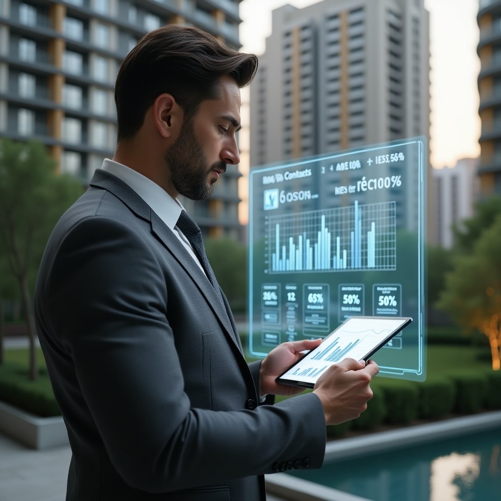 Ultra-realistic condominium manager in a charcoal gray suit, set in a modern luxury condominium environment with high-rise buildings and manicured gardens, examining a transparent floating holographic chart showing cost reductions and contract renegotiations, holding a tablet displaying budget graphs, confident and focused expression, cinematic lighting, shallow depth of field, highly detailed textures, realistic skin, photographic realism, 8k resolution --ar 1:1 --v 6