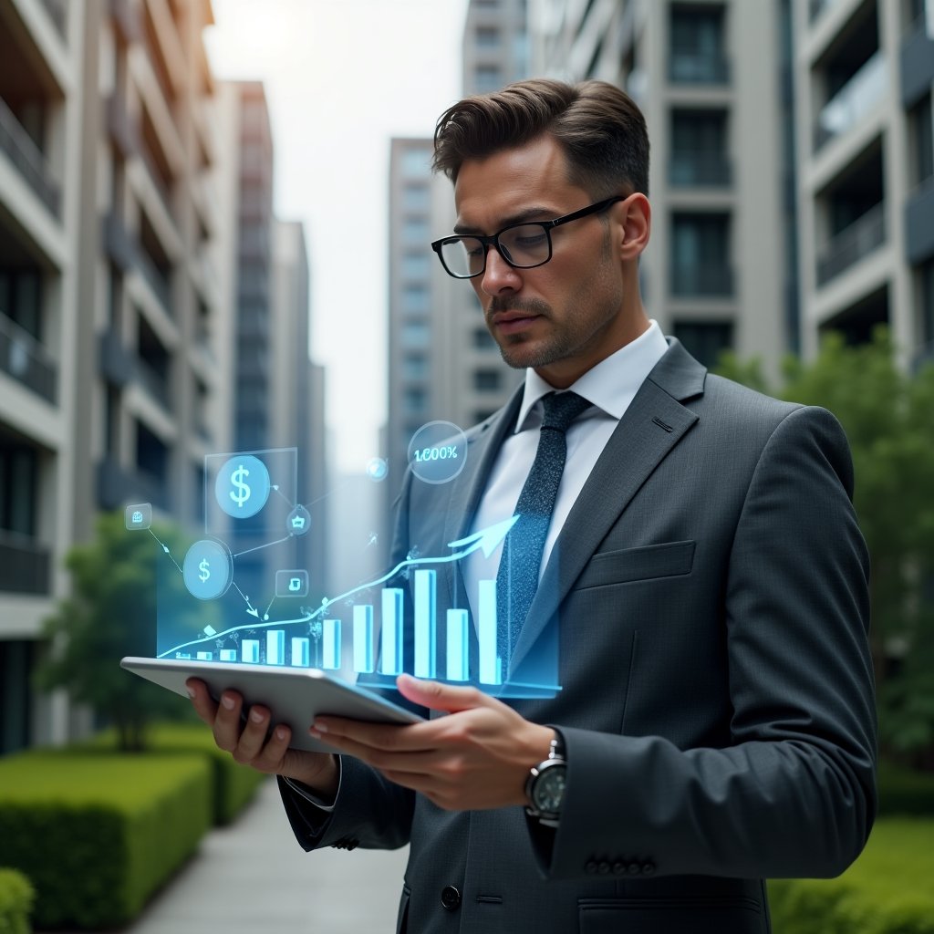 (Ultra-realistic condominium manager in a charcoal gray suit, set in a modern luxury condominium environment with high-rise buildings and manicured green landscaping, analyzing a holographic financial chart showing a 30% cost reduction with descending bar graphs, floating dollar sign icons and data holograms around them, confident and focused expression, cinematic lighting, shallow depth of field, highly detailed textures, realistic skin, photographic realism, 8k resolution --ar 1:1 --v 6)