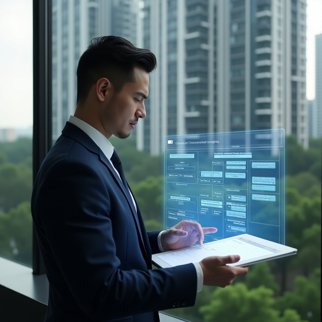Ultra-realistic condominium manager in a navy executive suit, set in a modern luxury condominium environment with high-rise buildings and meticulously landscaped greenery, reviewing a floating holographic calendar of maintenance and event schedules with a confident, focused expression, a semi-transparent digital timeline interface glowing beside them, cinematic lighting, shallow depth of field, highly detailed textures, realistic skin, photographic realism, 8k resolution --ar 1:1 --v 6
