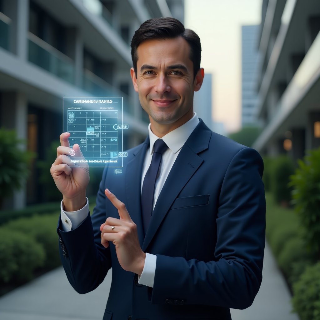 (Ultra-realistic condominium manager in a navy-blue suit, set in a modern luxury condominium environment with high-rise buildings and manicured gardens, holding a holographic calendar schedule and pointing at task icons, holographic task icons for cleaning, maintenance and meeting appearing around them, confident and focused expression, cinematic lighting, shallow depth of field, highly detailed textures, realistic skin, photographic realism, 8k resolution --ar 1:1 --v 6)