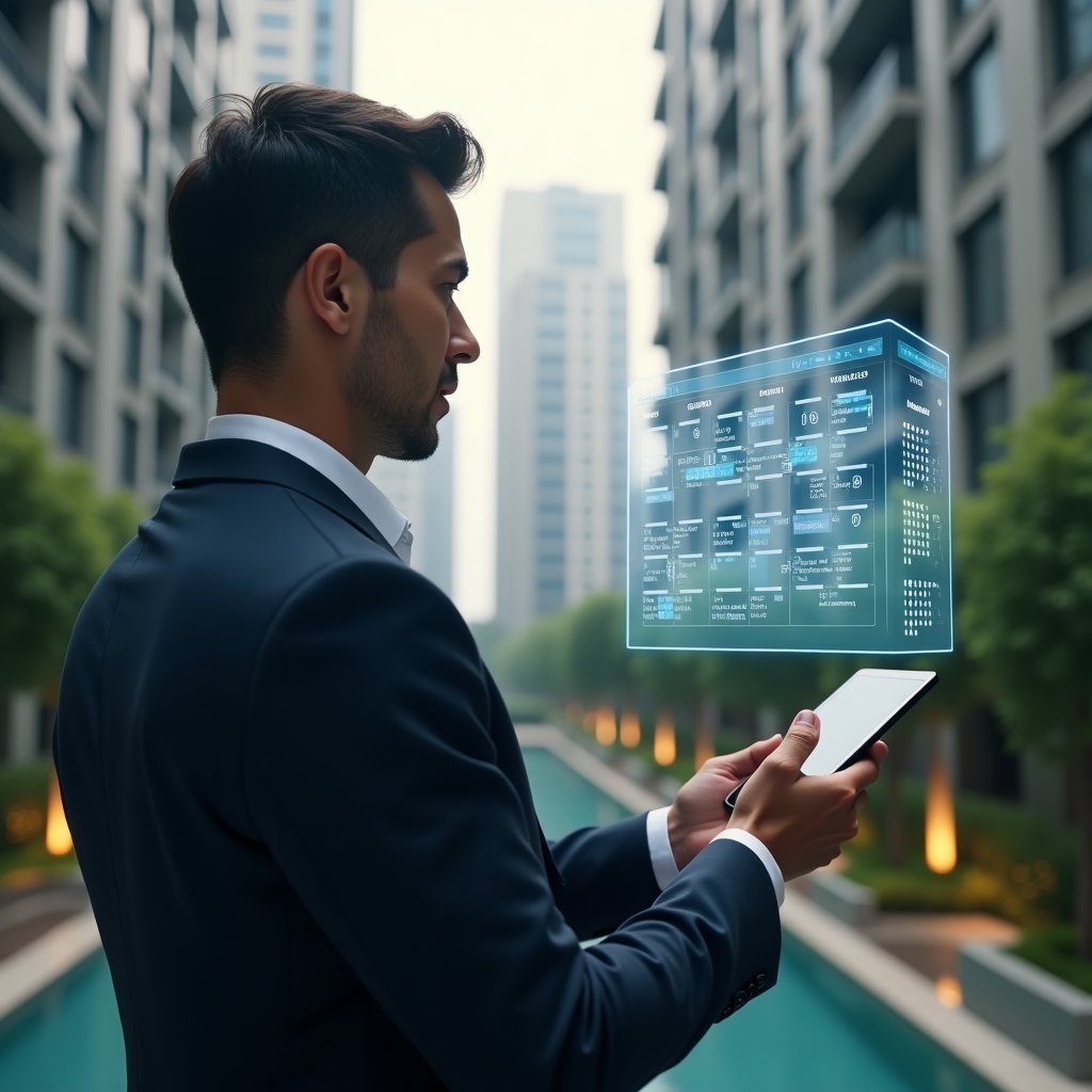 Ultra-realistic condominium manager in a dark navy suit, set in a modern luxury condominium environment with high-rise buildings and green landscaping, holding a digital tablet projecting a holographic annual calendar, analyzing the schedule with a confident, focused expression, floating calendar icons and timeline holograms around, cinematic lighting, shallow depth of field, highly detailed textures, realistic skin, photographic realism, 8k resolution --ar 1:1 --v 6