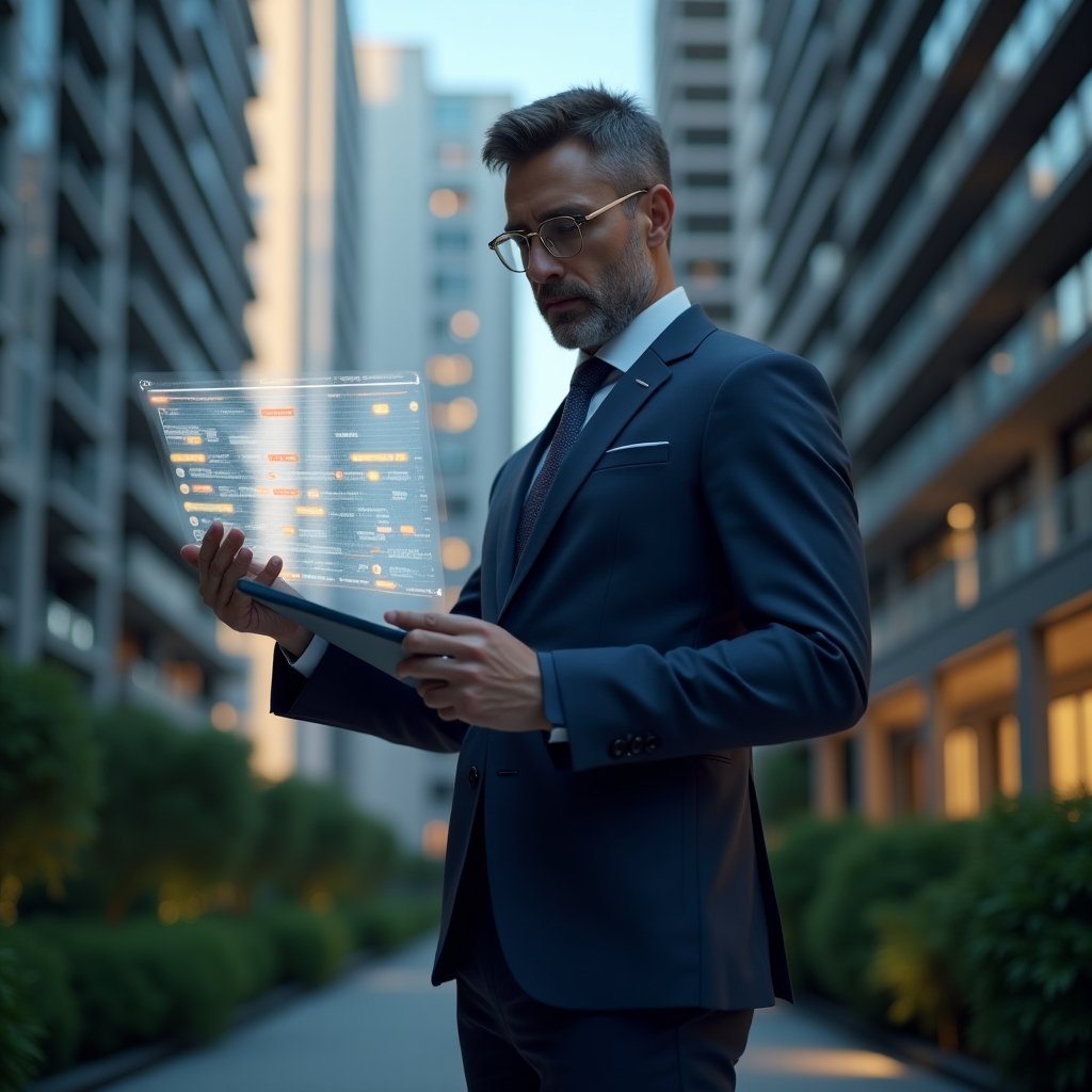 (Ultra-realistic condominium manager in a navy blue executive suit, set in a modern luxury condominium environment with high-rise buildings and lush green landscaping, examining a holographic schedule timetable with a confident, focused expression, floating calendar icons and timeline checkpoints glowing beside them, cinematic lighting, shallow depth of field, highly detailed textures, realistic skin, photographic realism, 8k resolution --ar 1:1 --v 6)