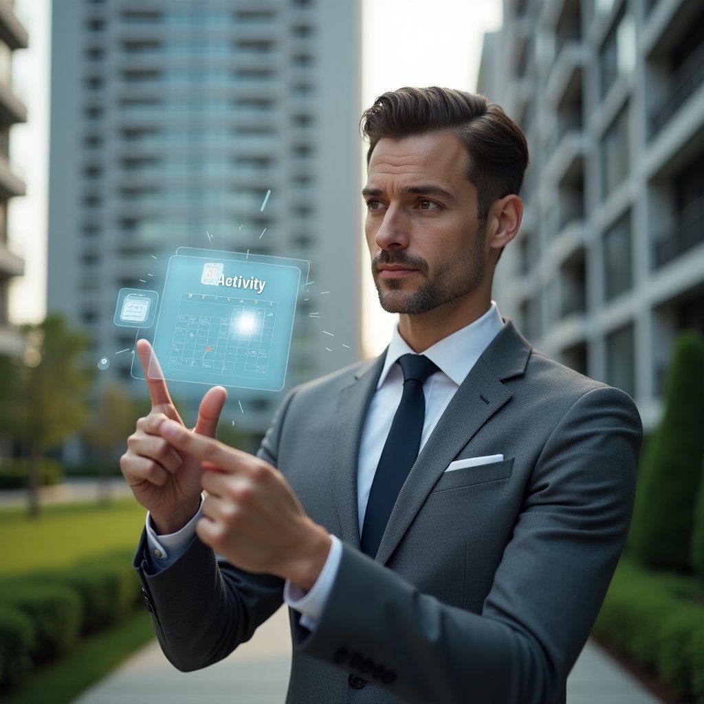 (Ultra-realistic condominium manager in a tailored gray suit, set in a modern luxury condominium environment with high-rise buildings and manicured green landscaping, reviewing a holographic activity schedule with a confident, focused expression, pointing at floating calendar icons and task checkmarks, cinematic lighting, shallow depth of field, highly detailed textures, realistic skin, photographic realism, 8k resolution --ar 1:1 --v 6)