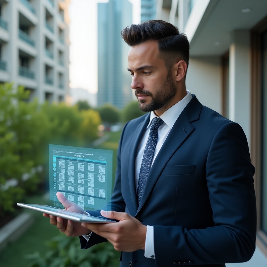 Ultra-realistic condominium manager in a tailored navy suit, set in a modern luxury condominium environment with high-rise buildings and lush green landscaping, holding a holographic weekly schedule calendar and tapping on digital icons, displaying a detailed timeline of tasks, confident and focused expression, cinematic lighting, shallow depth of field, highly detailed textures, realistic skin, photographic realism, 8k resolution --ar 1:1 --v 6