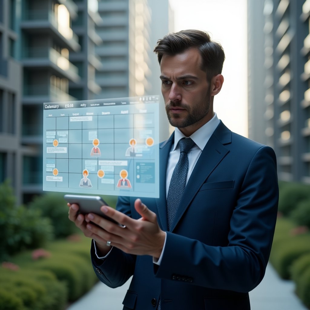 Ultra-realistic condominium manager in a navy blue tailored suit, set in a modern luxury condominium environment with high-rise buildings and green landscaping, reviewing a floating holographic schedule calendar with highlighted maintenance, assembly and audit icons, looking focused and confident, cinematic lighting, shallow depth of field, highly detailed textures, realistic skin, photographic realism, 8k resolution --ar 1:1 --v 6
