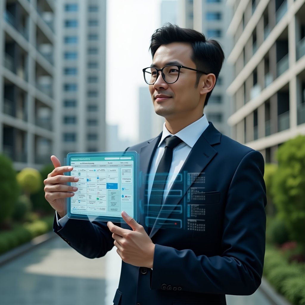 Ultra-realistic condominium manager in a tailored navy suit, set in a modern luxury condominium environment with high-rise buildings and manicured green landscaping, holding and interacting with a holographic activity schedule grid, confident and focused expression, floating calendar icons and timeline bars around them, cinematic lighting, shallow depth of field, highly detailed textures, realistic skin, photographic realism, 8k resolution --ar 1:1 --v 6