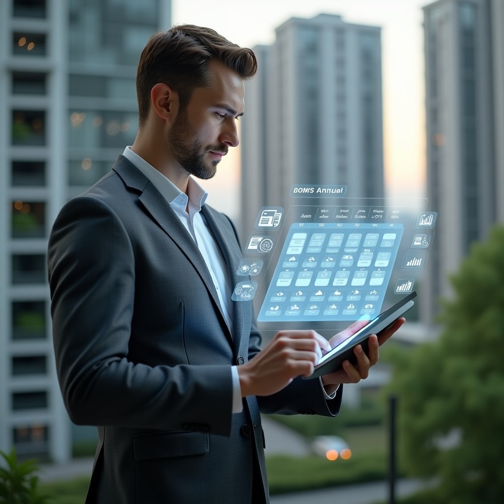 (Ultra-realistic condominium manager in a charcoal gray business suit, set in a modern luxury condominium environment with high-rise buildings and lush green landscaping, examining a holographic annual calendar projected from a digital tablet with a focused and confident expression, floating icons of gears, checkmarks, and financial charts surrounding the schedule, cinematic lighting, shallow depth of field, highly detailed textures, realistic skin, photographic realism, 8k resolution --ar 1:1 --v 6)
