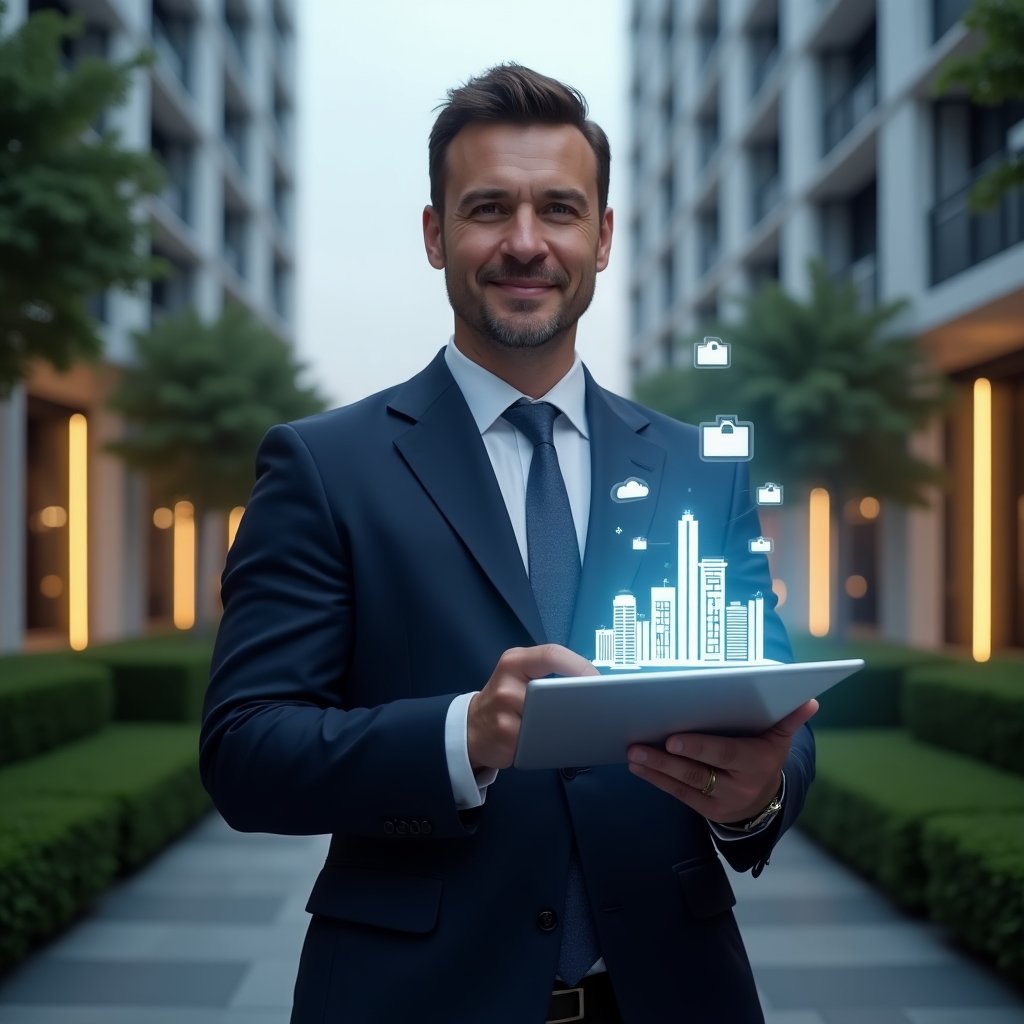 Ultra-realistic condominium manager in a tailored navy suit, holding a tablet with floating holographic icons of buildings and performance graphs, set in a modern luxury condominium environment with high-rise towers and manicured greenery, confident and focused expression, cinematic lighting, shallow depth of field, highly detailed textures, realistic skin, photographic realism, 8k resolution --ar 1:1 --v 6