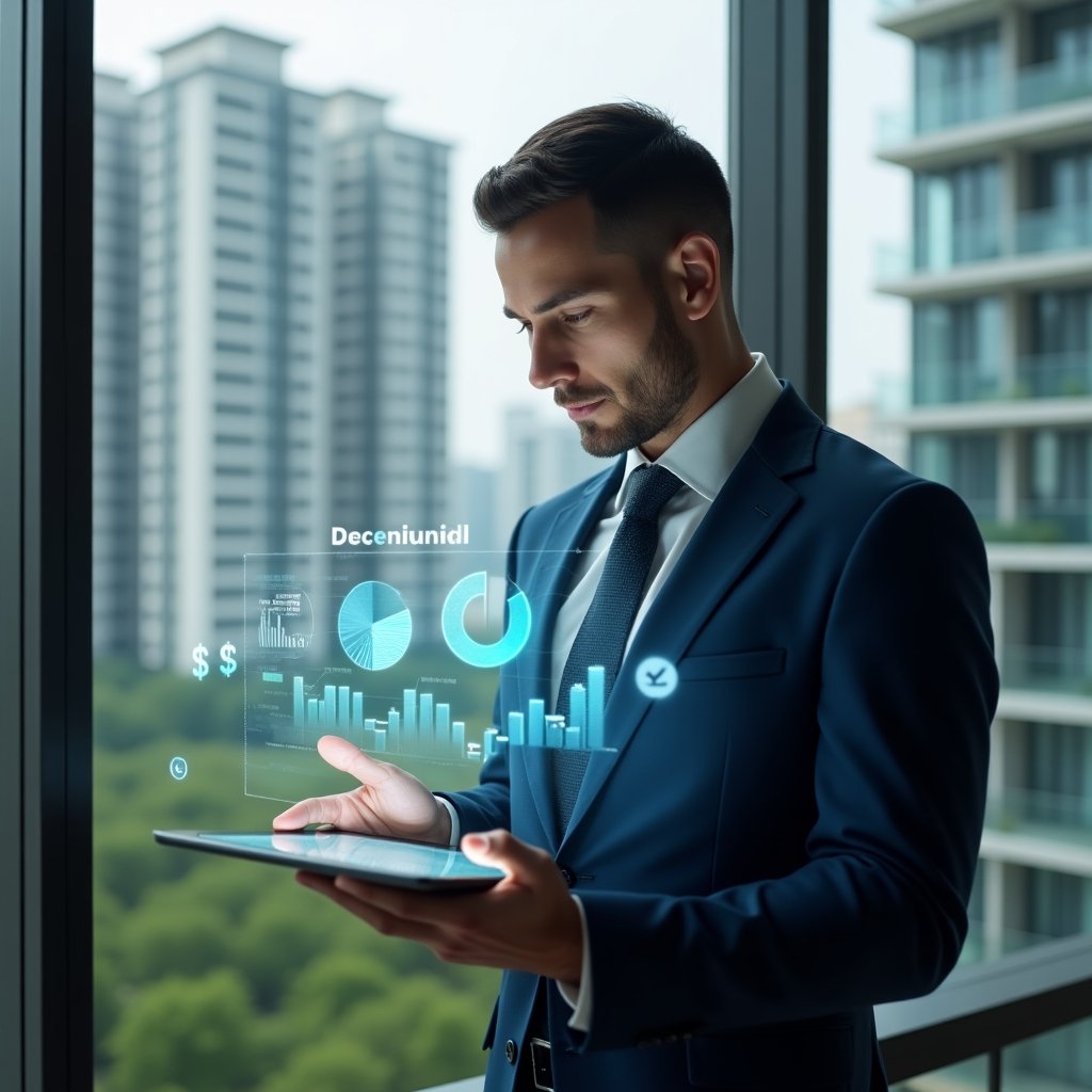 Ultra-realistic condominium property manager in a navy-blue suit, set in a modern luxury condominium environment with high-rise buildings and green landscaping, examining a holographic financial chart hovering above a tablet on a sleek glass table, glowing pie charts and currency icons floating around, confident and focused expression, cinematic lighting, shallow depth of field, highly detailed textures, realistic skin, photographic realism, 8k resolution --ar 1:1 --v 6