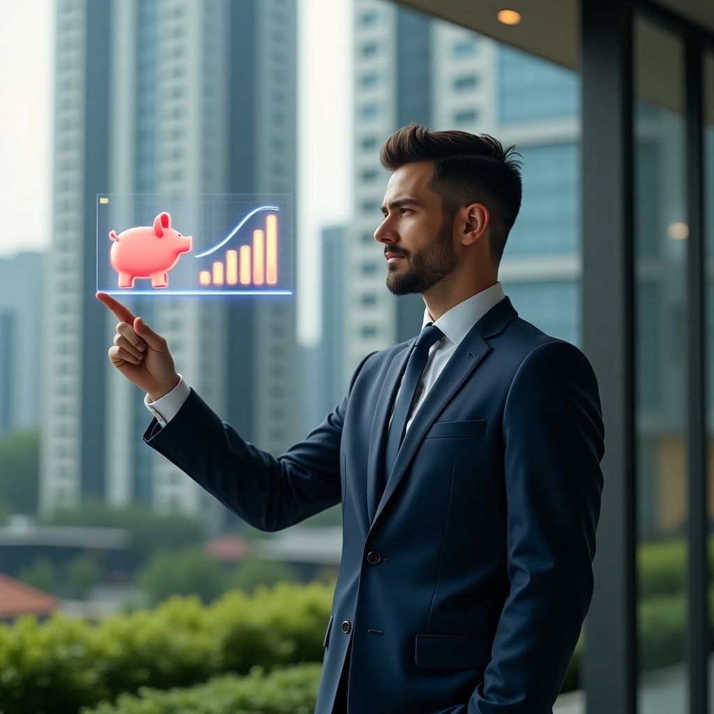 (Ultra-realistic condominium manager in a tailored navy suit, set in a modern luxury condominium environment with high-rise buildings and green landscaping, pointing thoughtfully at a floating holographic financial chart and piggy bank icon symbolizing reserve funds, confident and focused expression, cinematic lighting, shallow depth of field, highly detailed textures, realistic skin, photographic realism, 8k resolution --ar 1:1 --v 6)