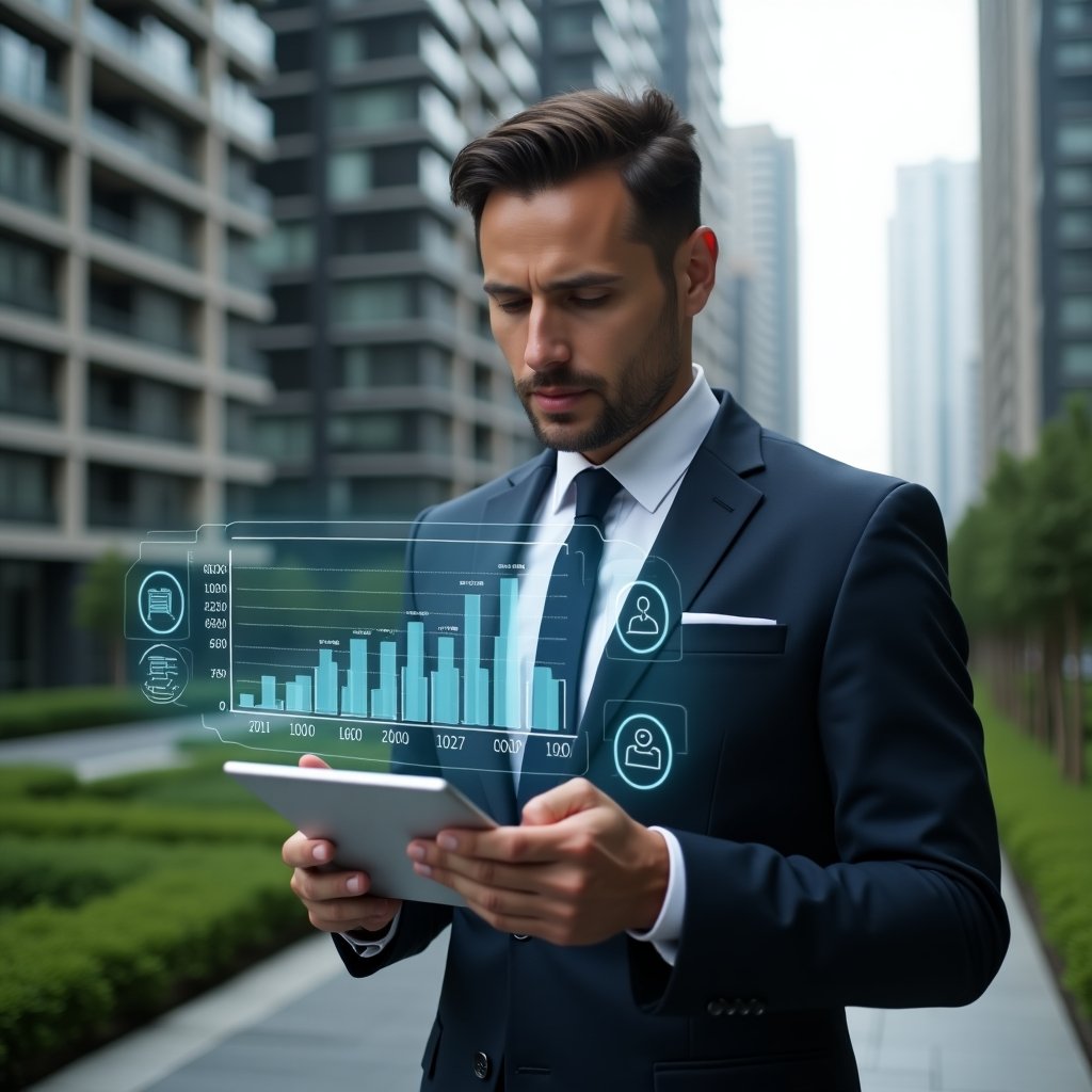(Ultra-realistic condominium manager in a dark navy suit, set in a modern luxury condominium environment with high-rise buildings and well-manicured green landscaping, holding a digital tablet and reviewing a floating holographic expense chart with clear breakdowns, confident and analytical expression, subtle icons of invoices and approval stamps hovering nearby, cinematic lighting, shallow depth of field, highly detailed textures, realistic skin, photographic realism, 8k resolution --ar 1:1 --v 6)