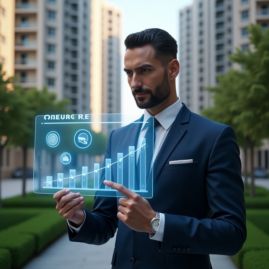 (Ultra-realistic condominium manager in a navy blue suit, set in a modern luxury condominium environment with high-rise buildings and manicured green landscaping, medium close-up shot of the manager holding and pointing at a transparent holographic chart contrasting ordinary vs extraordinary expenses, holographic icons of coins and repair helmets floating around the chart, thoughtful and confident expression, cinematic lighting, shallow depth of field, highly detailed textures, realistic skin, photographic realism, 8k resolution --ar 1:1 --v 6)