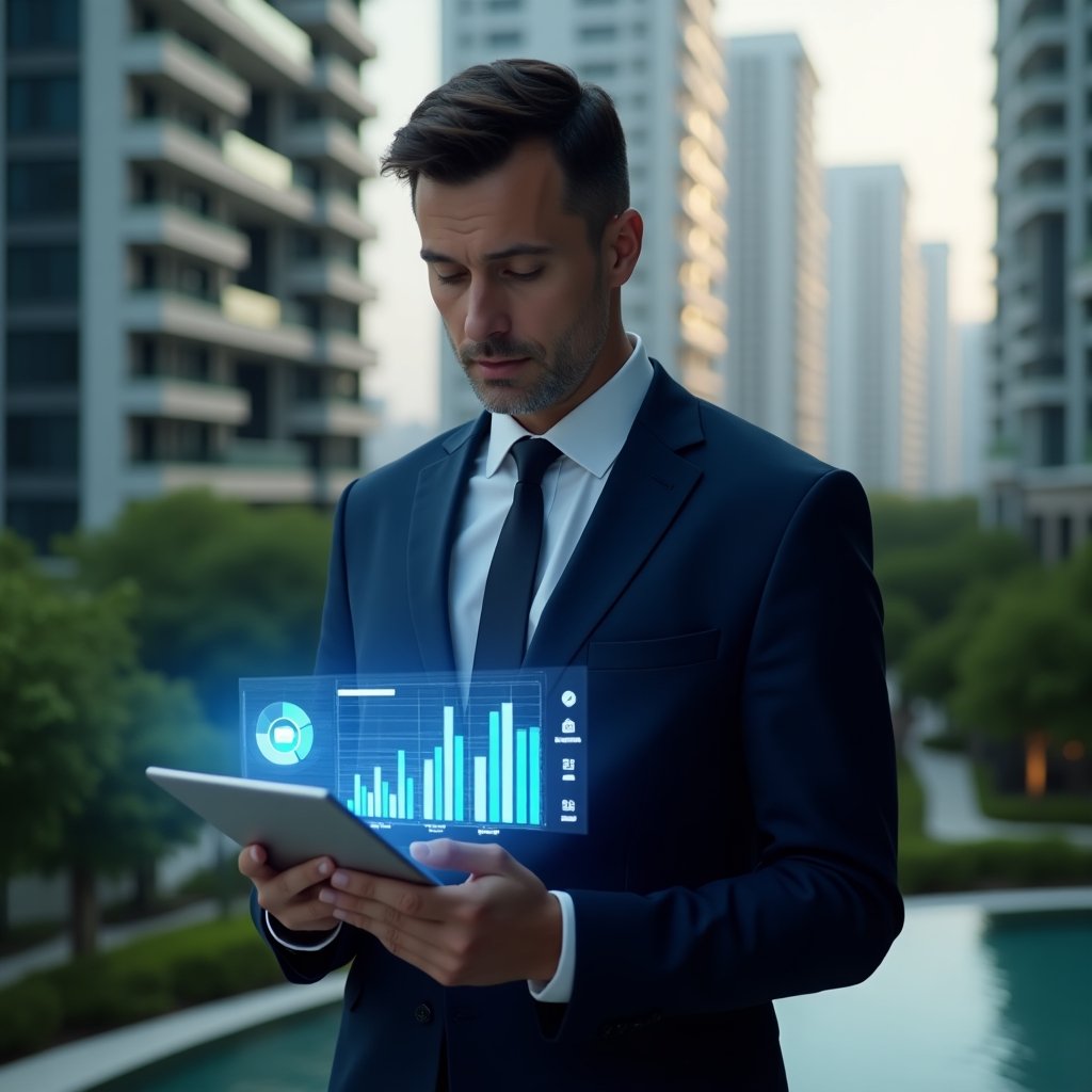 (Ultra-realistic condominium manager in a navy blue suit, set in a modern luxury condominium environment with high-rise buildings and green landscaping, reviewing financial documents on a digital tablet with glowing holographic charts labeled “Ordinary vs Extraordinary Expenses”, focused and confident expression, cinematic lighting, shallow depth of field, highly detailed textures, realistic skin, photographic realism, 8k resolution --ar 1:1 --v 6)