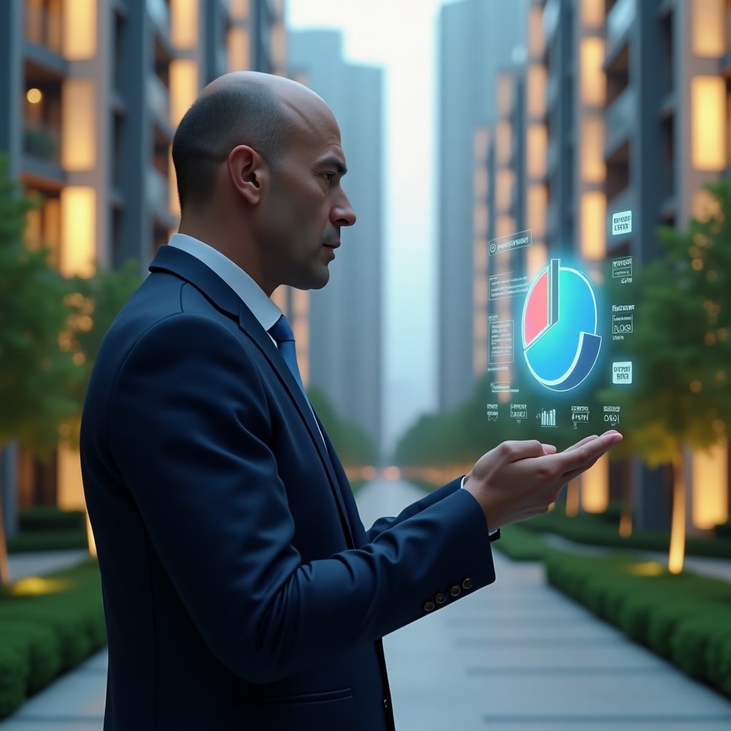 (Ultra-realistic condominium manager in a dark blue suit, set in a modern luxury condominium environment with high-rise buildings and manicured greenery, medium shot with shallow depth of field, the manager confidently reviewing a holographic financial chart that splits ordinary vs extraordinary expenses, floating pie chart hologram and currency icons around, cinematic lighting, highly detailed textures, realistic skin, photographic realism, 8k resolution --ar 1:1 --v 6)