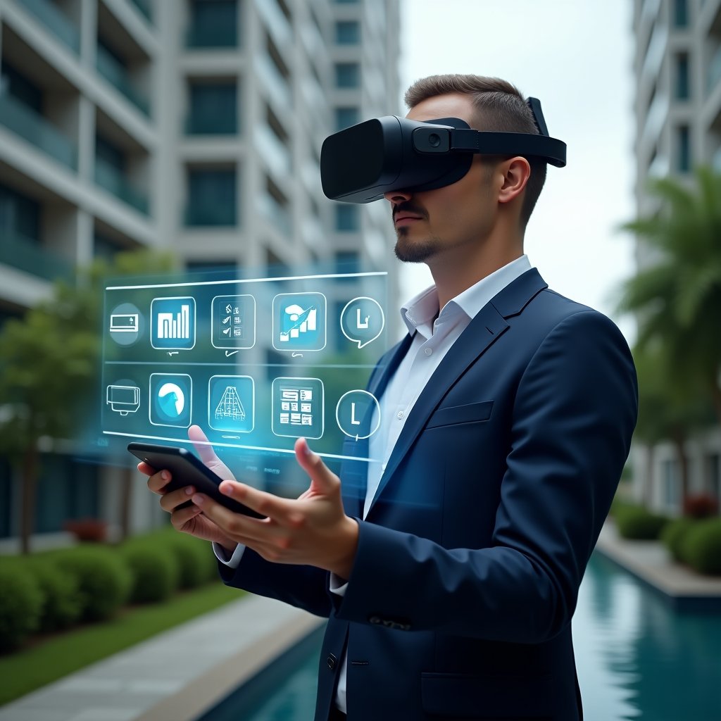 (Ultra-realistic condominium manager in a navy suit, set in a modern luxury condominium environment with high-rise buildings and manicured gardens, confidently interacting with a holographic UI displaying financial charts, messaging icons and real-time reports, symbolized by floating app icons for budgeting, communication and reservations, cinematic lighting, shallow depth of field, highly detailed textures, realistic skin, photographic realism, 8k resolution --ar 1:1 --v 6)