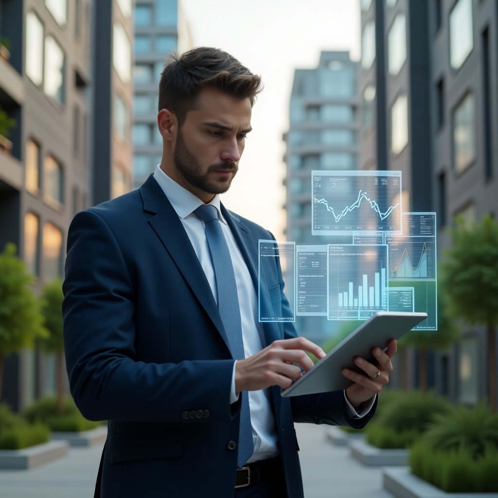 Ultra-realistic property manager in a navy suit, set in a modern luxury condominium environment with high-rise buildings and green landscaping, analyzing holographic financial charts and invoices with a focused, confident expression, holding a digital tablet displaying expense reports, cinematic lighting, shallow depth of field, highly detailed textures, realistic skin, photographic realism, 8k resolution --ar 1:1 --v 6