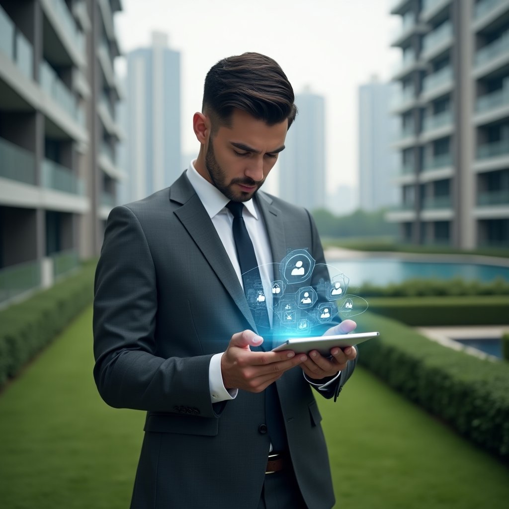 (Ultra-realistic condominium manager in a charcoal gray executive suit, set in a modern luxury condominium environment with high-rise buildings and manicured green landscaping, examining a transparent tablet displaying floating holographic icons for communication, finance and security, confident and focused expression, cinematic lighting, shallow depth of field, highly detailed textures, realistic skin, photographic realism, 8k resolution --ar 1:1 --v 6)