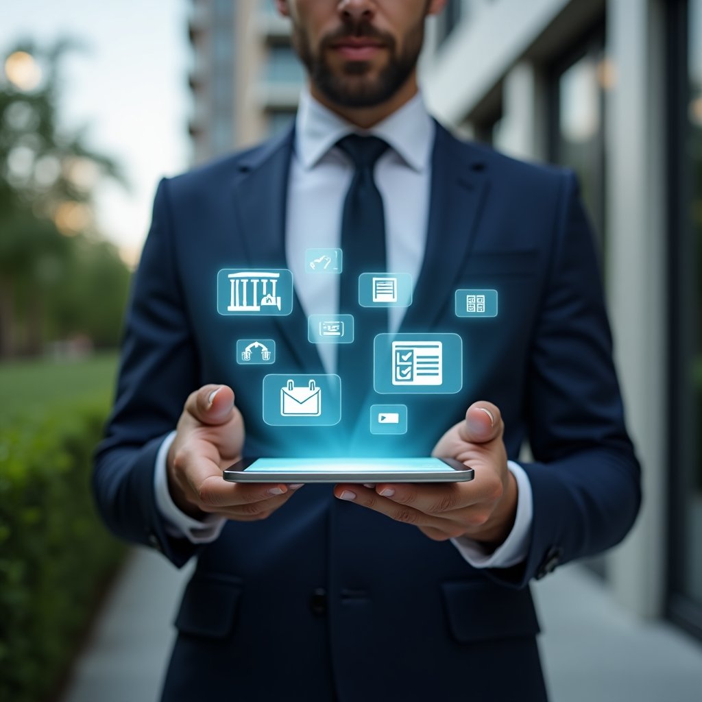 (Ultra-realistic condominium manager in a tailored navy suit, set in a modern luxury condominium environment with high-rise buildings and lush green landscaping, holding a tablet displaying holographic icons of polls, chat bubbles, calendars, and payment symbols, confidently tapping the screen to engage residents, interactive app interface glowing above the device, cinematic lighting, shallow depth of field, highly detailed textures, realistic skin, photographic realism, 8k resolution --ar 1:1 --v 6)