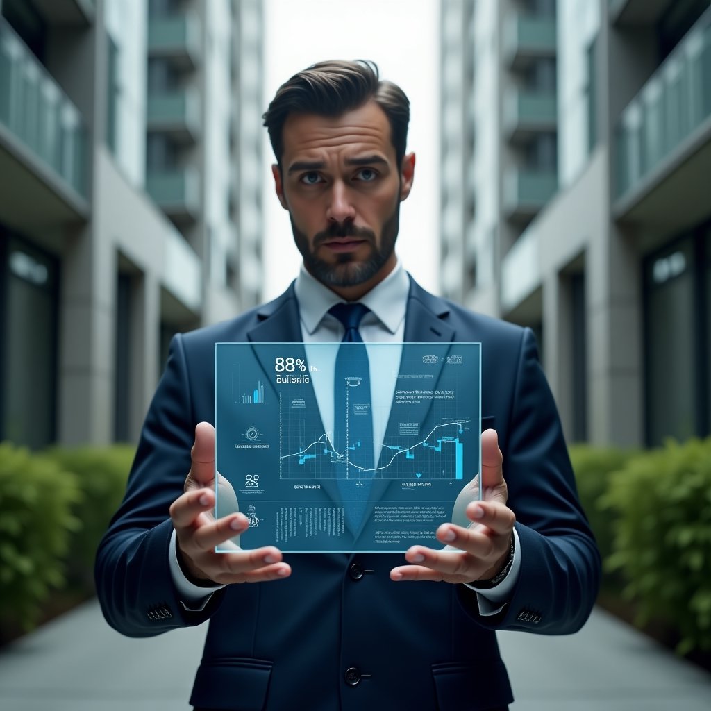 (Ultra-realistic condominium manager in a navy suit, set in a modern luxury condominium environment with high-rise buildings and green landscaping, holding and analyzing a transparent holographic budget chart contrasting routine expense icons with emergency repair symbols, with a focused, confident expression, cinematic lighting, shallow depth of field, highly detailed textures, realistic skin, photographic realism, 8k resolution --ar 1:1 --v 6)