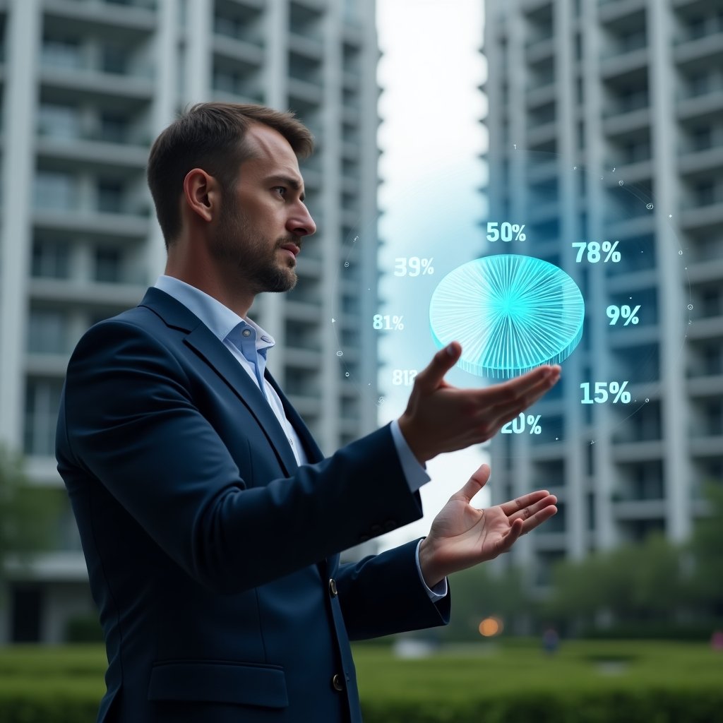 Ultra-realistic property manager in a dark blue suit, set in a modern luxury condominium environment with high-rise buildings and green landscaping, analyzing a floating holographic pie chart representing unit fractions, looking thoughtful and confident, additional translucent numeric overlays of percentages around, cinematic lighting, shallow depth of field, highly detailed textures, realistic skin, photographic realism, 8k resolution --ar 1:1 --v 6