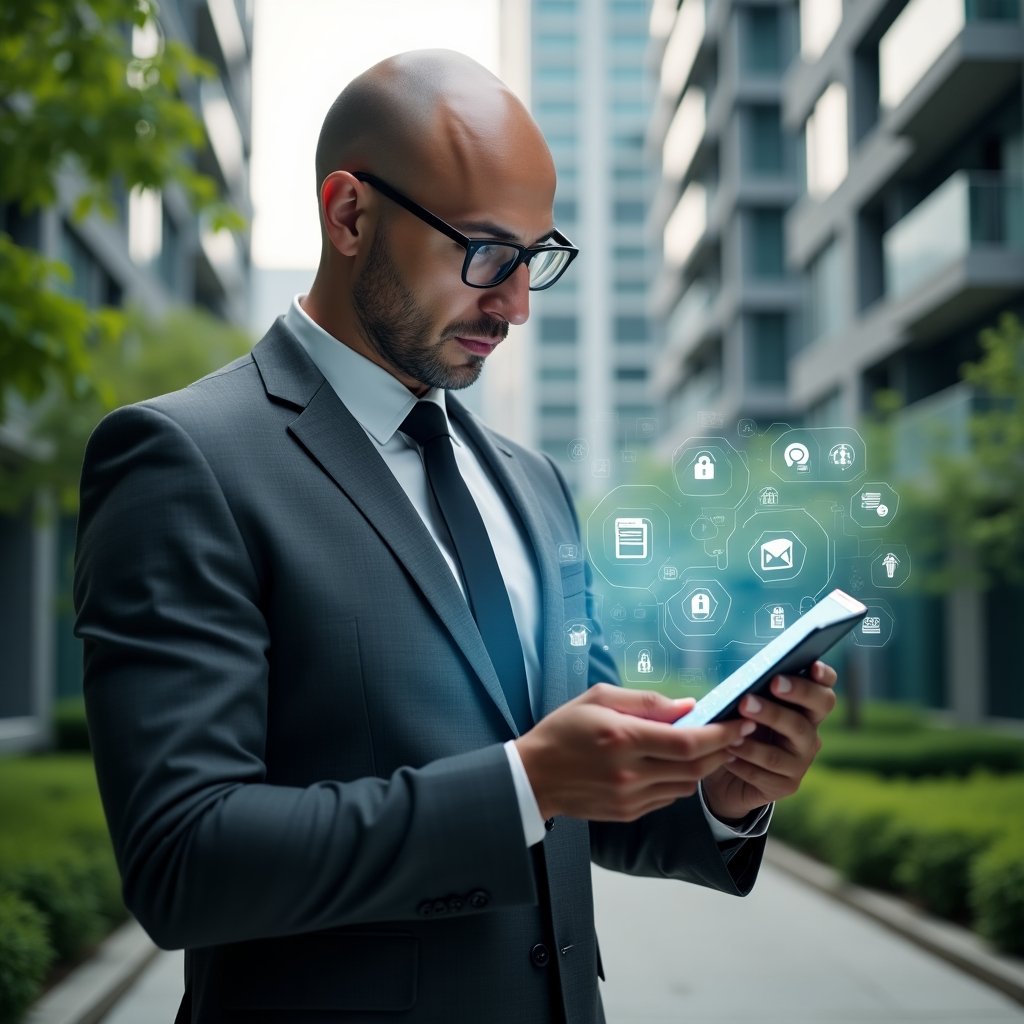 (Ultra-realistic condominium manager in a charcoal gray suit, set in a modern luxury condominium environment with high-rise buildings and lush green landscaping, examining a floating holographic condominium management app interface with icons for finances, notifications, and security, confident and focused expression, cinematic lighting, shallow depth of field, highly detailed textures, realistic skin, photographic realism, 8k resolution --ar 1:1 --v 6)