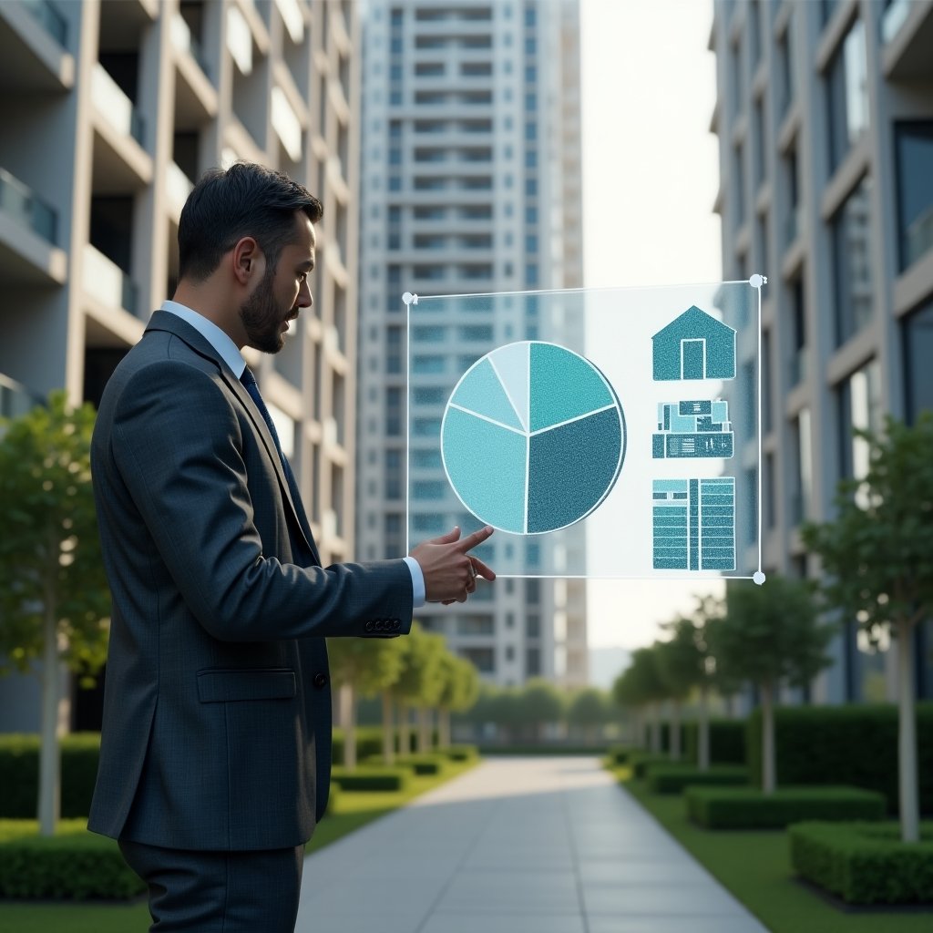(Ultra-realistic condo manager in a charcoal gray suit, set in a modern luxury condominium environment with high-rise buildings and manicured green landscaping, analyzing a floating holographic pie chart showing unit fractions and cost allocations, a transparent 3D fractional grid overlaying the scene, cinematic lighting, shallow depth of field, highly detailed textures, realistic skin, photographic realism, 8k resolution --ar 1:1 --v 6)