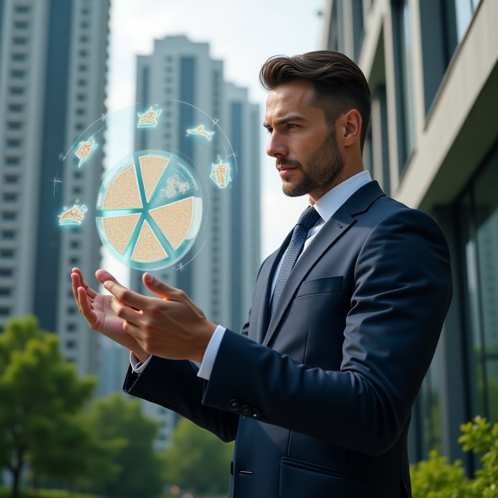 (Ultra-realistic condominium manager in a navy tailored suit, set in a modern luxury condominium environment with high-rise buildings and lush green landscaping, analyzing a holographic pie chart of expense distribution with a confident expression, floating icons of buildings and coins symbolizing fair cost allocation, cinematic lighting, shallow depth of field, highly detailed textures, realistic skin, photographic realism, 8k resolution --ar 1:1 --v 6)
