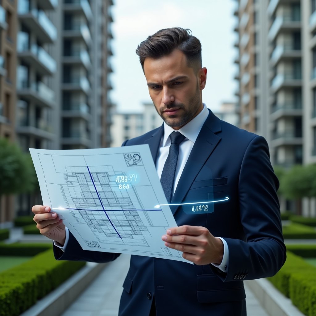 (Ultra-realistic condominium property manager in a navy executive suit, set in a modern luxury condominium environment with high-rise buildings and manicured green landscaping, holding a holographic blueprint with floating fractional measurement overlays, analyzing ideal share ratios, holographic numeric symbols and icons representing area calculations, confident and focused expression, cinematic lighting, shallow depth of field, highly detailed textures, realistic skin, photographic realism, 8k resolution --ar 1:1 --v 6)